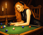 She smiles, winks, the candles flicker, the balls move