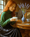 Sie lchelt freundlich, trinkt einen Schluck Tee  Sie setzt die Tasse wieder ab und gibt einen Blowki