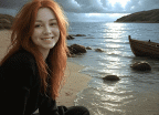 Sie schiebt das Boot ins wasser und rudert davon 