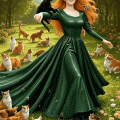 Sie tanzt ber die Wiese, ihre Haare wehen umher und ihr Kleid schwingt dabei  Die katzen laufen um s
