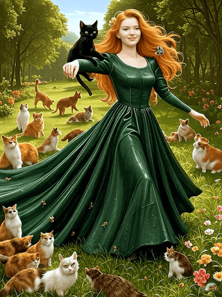 Sie tanzt ber die Wiese, ihre Haare wehen umher und ihr Kleid schwingt dabei_ Die katzen laufen um s.gif